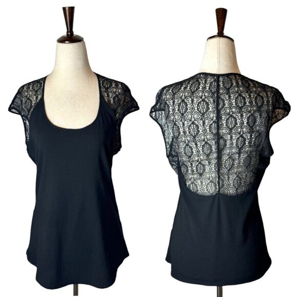 Helmut Lang Black Puckered Lace Detail Scoop Neck Short Cap Sleeve‎ Top Size M - Picture 1 of 10